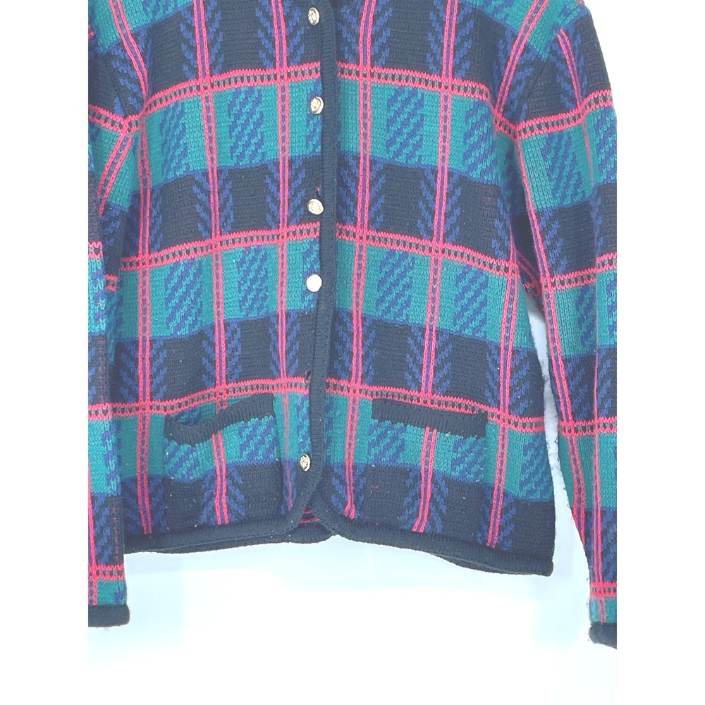 Tally-Ho Womens Cardigan L Sweater Green Plaid Gold Button Vintage Read - Picture 3 of 14